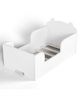 Twin Size Kids Floor Bed Frame - Wood Platform Bed with Rails and Bear Shape Headboard for Boys and Girls Ages 3-6