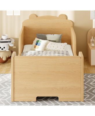 Low-Profile Twin Size Kids Floor Bed Frame, Wooden Platform Bed with Safety Rails and Bear Shape Headboard for Boys and Girls Ages 3-6