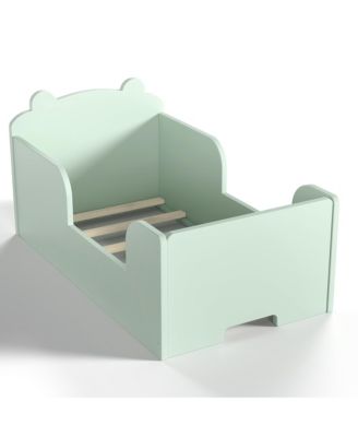 Twin Size Wooden Kids Floor Bed, Platform Bed Frame with Safety Guard Rails and Adorable Bear Headboard for Toddler Boys and Girls Ages 3-6