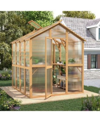 6x7 FT Wooden Greenhouse for Outdoors, Walk-in Garden Greenhouse with Plant Stand, Lockable Door