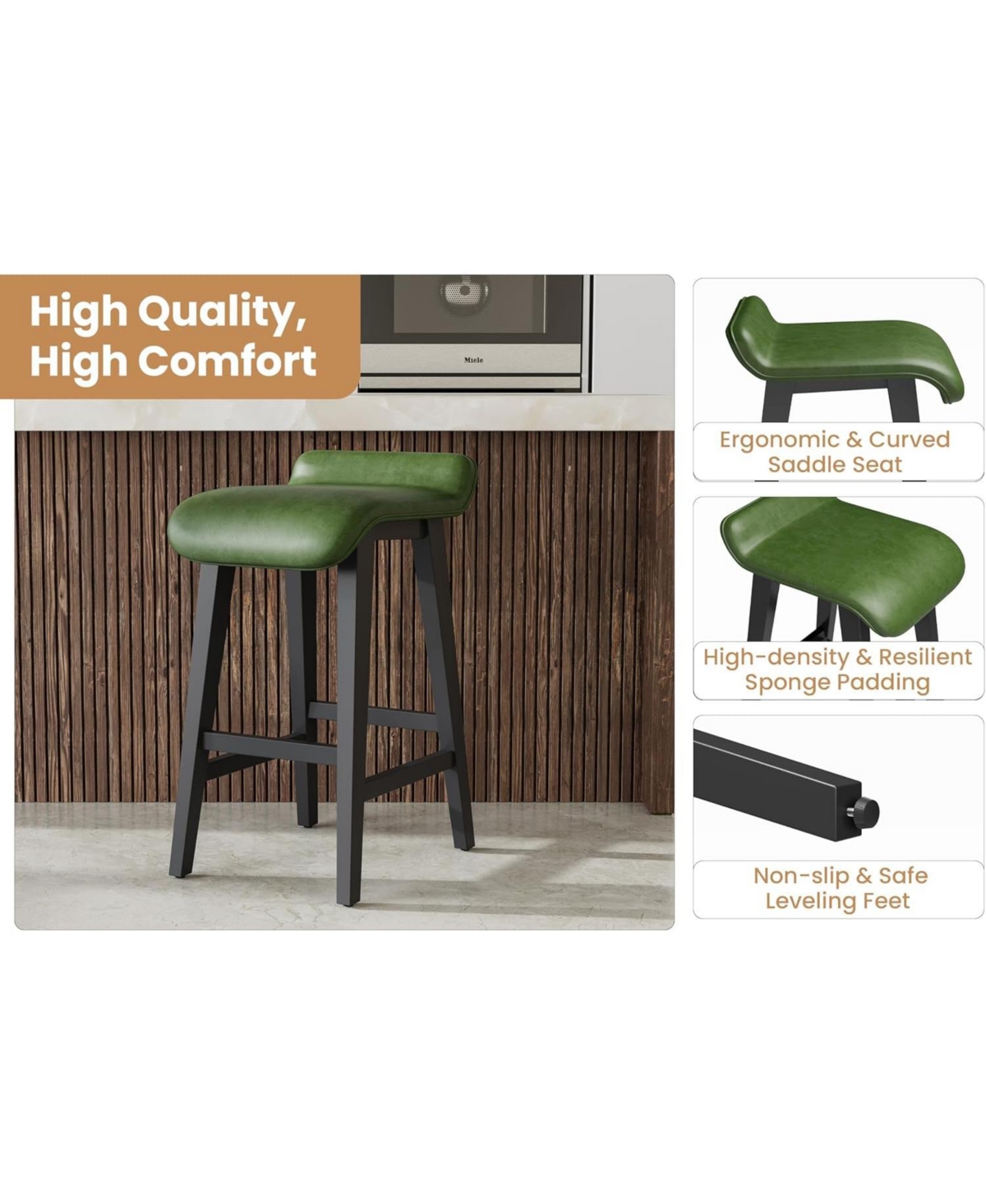 gaomon Set of 2 Modern 26.2" Counter Height Bar Stools, Upholstered Kitchen Stools with Wood Legs