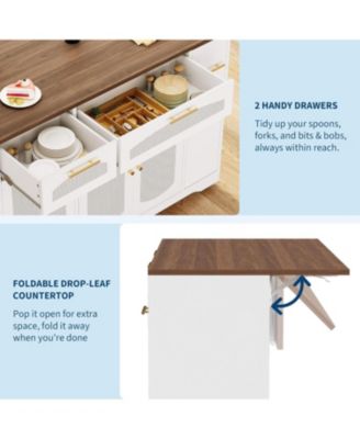 Rattan Rolling Kitchen Island Table on Wheels with Drop Leaf, Tilt Out Trash Can Cabinet with 2 Door, Storage Cabinet, 2 Drawer, Spice Rack