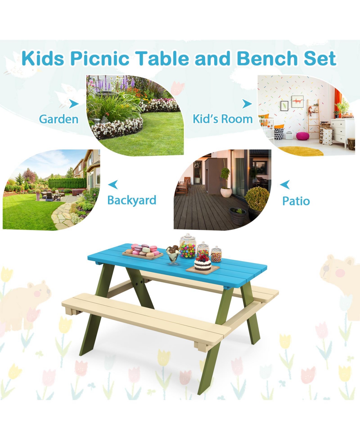 Sugift Kids Wooden Picnic Table Set Toddler Activity and Dining Table with Built-in Benches
