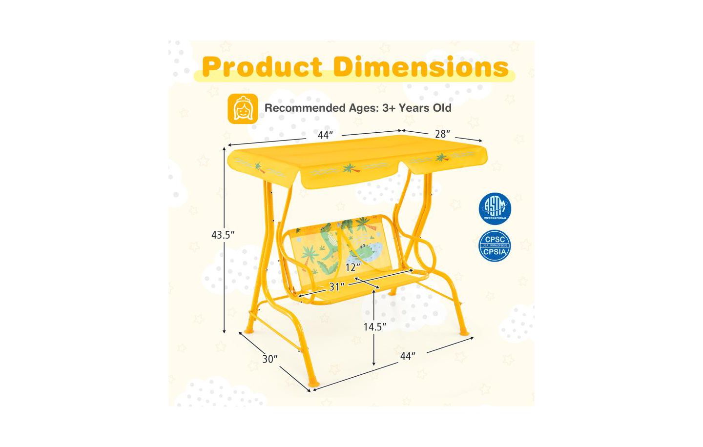 Детская игрушка HONGGE 2-Seater Metal Stand Kids Patio Swing with Adjustable Canopy, Up to 180 lbs, Ages 3+, цвет: Жёлтый — фото 3