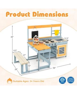 Fir Wood Play Kitchen with Picnic Table and Built-in Bench for Kids