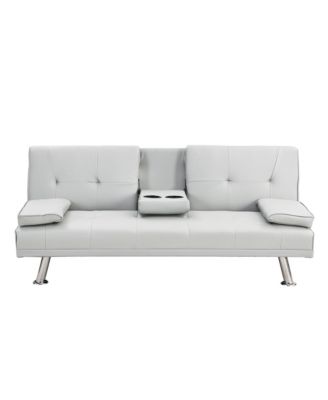 Convertible Futon Sofa Bed, Reversible Loveseat Daybed with 2 Cup Holder, Wood Frame and Stainless Legs for Living Room