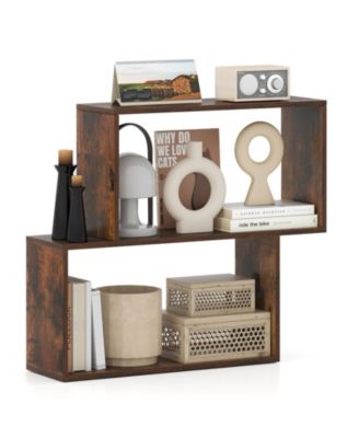 3-Tier Geometric Bookshelf Freestanding Wooden Bookcase with 2 Cubic Compartments