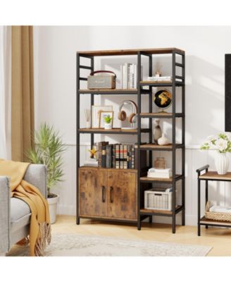Double Wide 8 Tier Bookcase with 2 Door Storage Cabinet Shelf