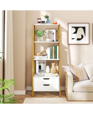 Tall 4 Tier Ladder Shelf Bookcase with 2 Drawers Storage Organizer