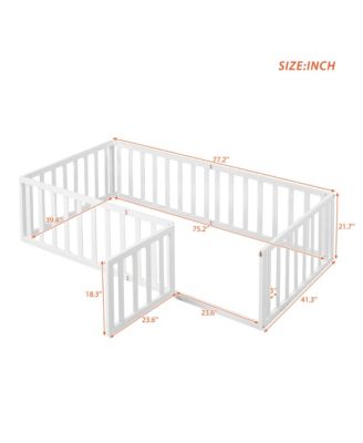 Twin Size Wood Floor Bed Frame with Surrounding Fence Removable Door and Open Row Design