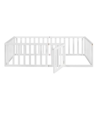Twin Size Wood Floor Bed Frame with Surrounding Fence Removable Door and Open Row Design