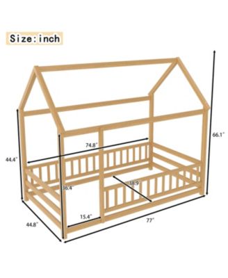 Wooden Floor Bed With House Roof Frame And Fence Guardrails For Kids