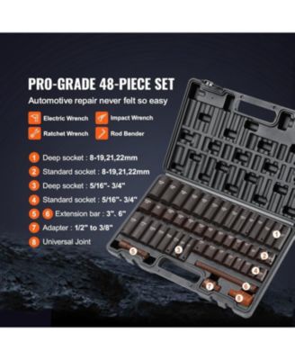 Rive Impact Socket Set, 48 Piece Socket Set SAE and Metric 8-22mm 6 Point Cr-V Drive Extension Bar Universal Joint and Power Drill Adapter