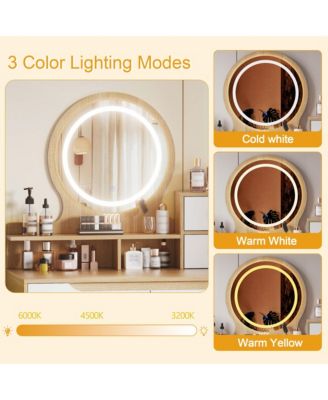 Makeup Vanity Desk with Adjustable Lighted Mirror, Dressing Table with Solid Wood Table feet, 3 Open Shelves and 2 Large Drawers for Bedroom