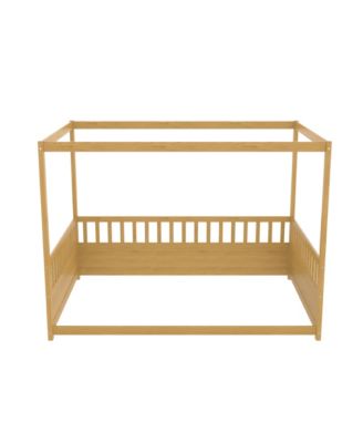 Wooden Canopy Floor Bed With Guardrails Four Poster Design Natural For Kids