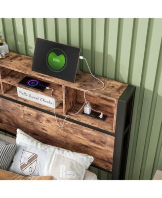 Metal Bed Storage Headboard Charging Station Bookcase