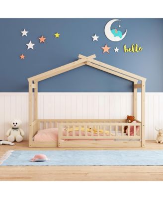 Twin Size Wood House Bed Roof Fence Pine Wood Frame 7 Slats Kids Bedroom