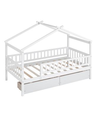 Twin Size Wooden House Bed Two Drawers