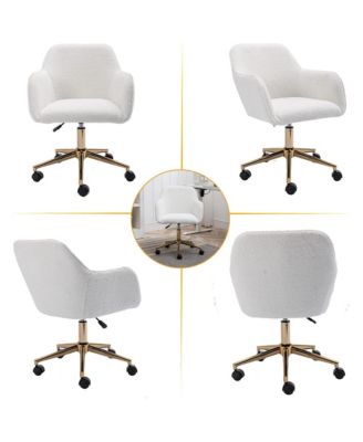 Modern Teddy Fabric Home Office Chair - Adjustable Swivel Desk Chair, Cute Fluffy Computer Chair with Gold Metal Legs for Vanity Room