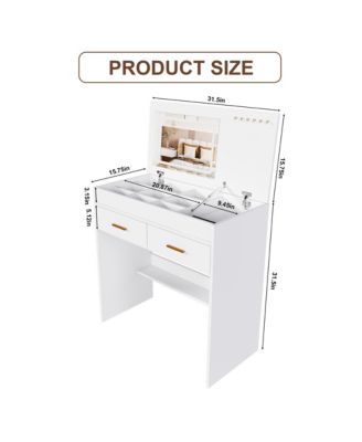 Flip Top Vanity Desk, Makeup Vanity Table with  LED Lighted Mirror, Built-in Outlet, 2 Drawers, Open Storage and Hooks for Jewelry