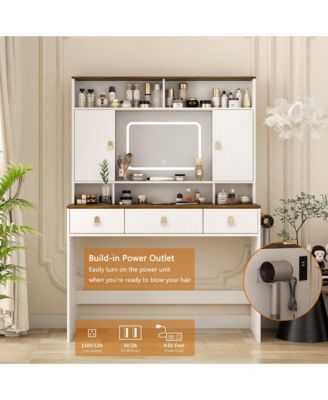Farmhouse Makeup Vanity Desk - 43" Wide Dressing Table with Lighted Mirror, Power Outlet, Open Shelves, Side Cabinet and Drawers for Bedroom
