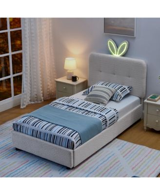 Twin Size Upholstered Kids Platform Bed, Boucle Fabric Bed Frame with 4 Storage Drawers, LED Lighting and Rabbit Ear Headboard for Boys Girls
