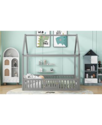 Wood House Bed With Fence Door Gray Distressed Washed Pine Wood MDF
