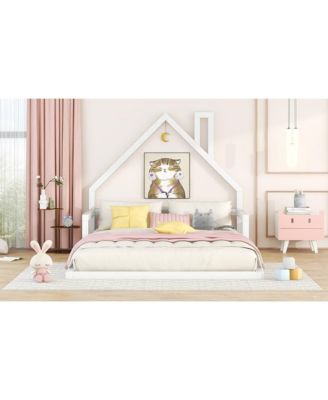 Wood Floor Bed House Shaped Headboard White Pine MDF No Box Spring