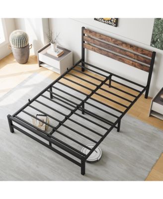 Platform Bed Rustic Wood Headboard Metal Slats Storage