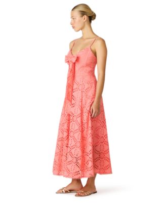 Juniors' Bow Front Eyelet Midi Sweetheart Neck Dress