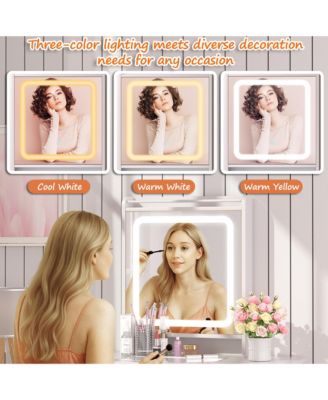 Vanity Set - White Makeup Vanity Table with Stool, Compartmentalized Drawers and Foldable Side Tables, Dressing Table for Bedrooms