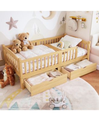 Wood Low Bed Frame, Kids Platform Bed with Storage Drawers and Full-Length Guardrails for Children, No Box Spring Needed