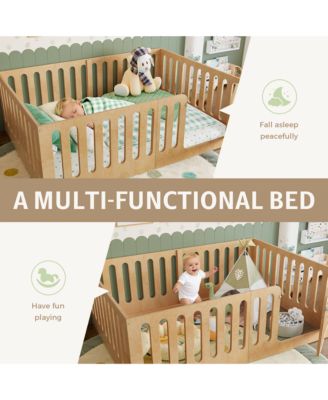 Kids Floor Bed, Solid Wood Frame with High Fence and Door, Low-Profile Montessori Bed for Boys Girls, No Box Spring Needed