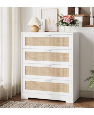 4 Drawer Dresser for Bedroom, Rattan Chest of Dressers, Modern Wood Tall Dresser with Power Outlets