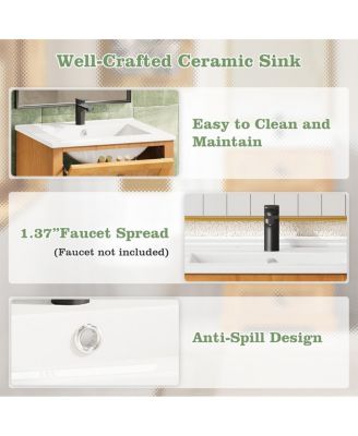 20" Natural Farmhouse Woodgrain Bathroom Vanity With Ceramic Sink, Soft-Close Door And Adjustable Shelf