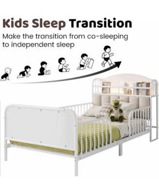 Twin Metal Platform Bed Frame with Light - Low Profile Bed with Upholstered and Storage Headboard for Boys and Girls