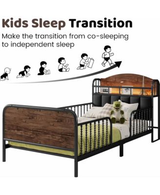 Twin Size Metal Platform Bed with LED Light, Upholstered Storage Headboard and Low Profile Design for Kids Boys Girls