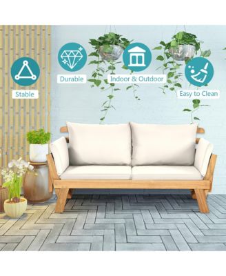 Adjustable Patio Sofa Daybed Acacia Wood Furniture w/ Cushions