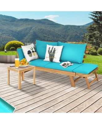 Adjustable Patio Sofa Daybed Acacia Wood Furniture w/ Cushions