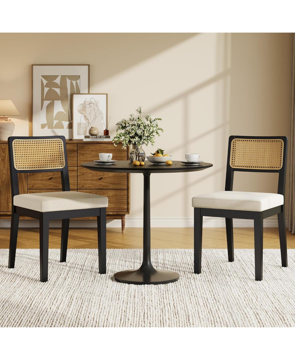 gaomon Rattan Dining Chairs Set of 2,French Country Upholstered Dining Chairs Wood Frame,Rattan Backrest,Armless Chair for Kitchen