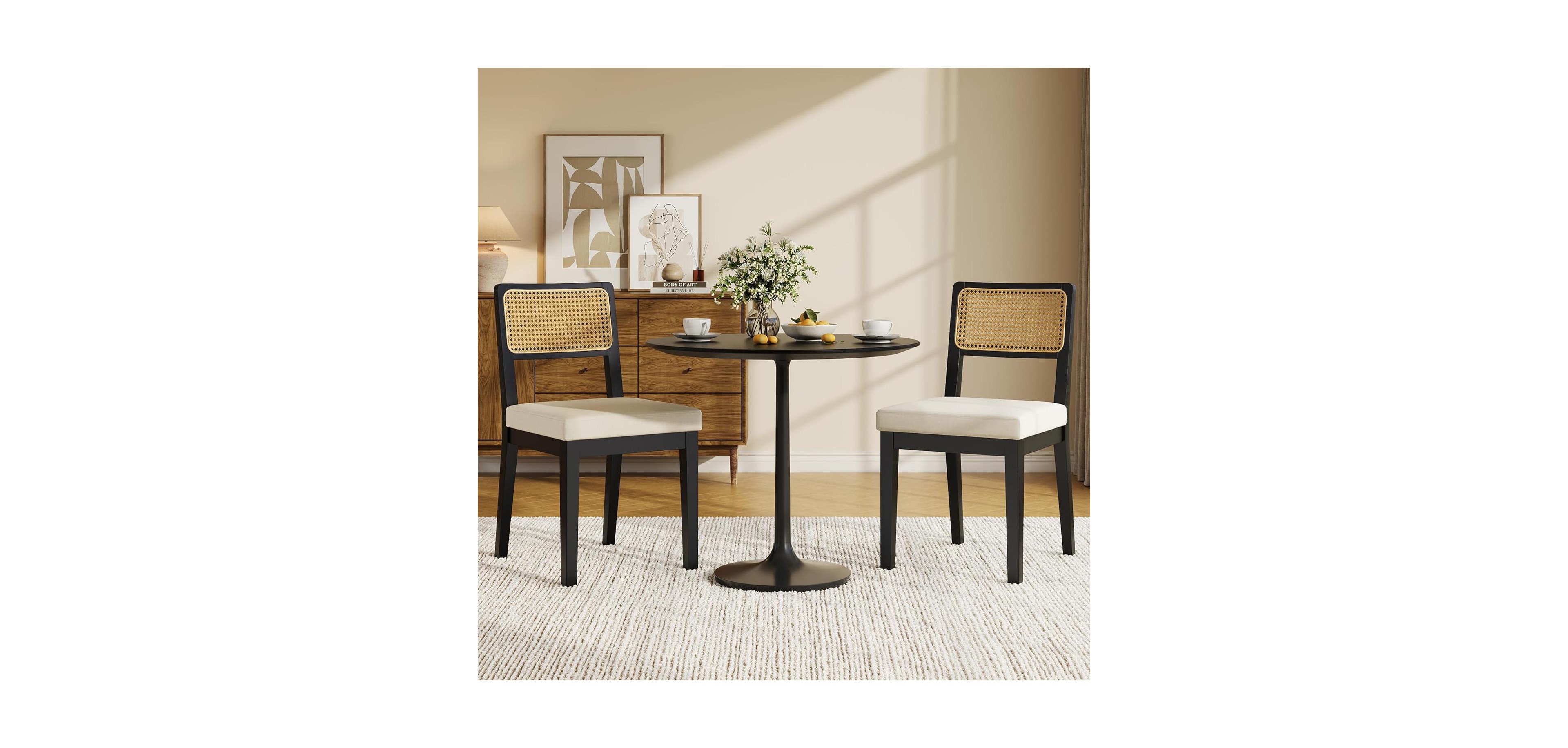 gaomon Rattan Dining Chairs Set of 2,French Country Upholstered Dining Chairs Wood Frame,Rattan Backrest,Armless Chair for Kitchen