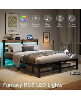 Queen Size Metal Bed Wooden Headboard RGB Lights Charger Storage