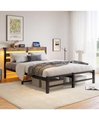 Queen Size Metal Bed Wooden Headboard RGB Lights Charger Storage