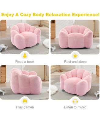 Large Bean Bag Chair, Faux Fur Reading Sofa Chair with Petal Backrest and Pull Ring, Oversize Reading Chair for Bedroom, Living Room
