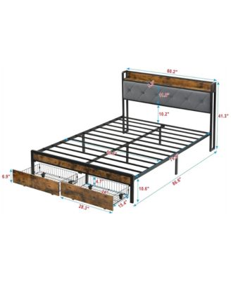 Queen Size Heavy Duty Metal Platform Bed Frame with 2 Storage Drawers, Charging Station and LED Light Upholstered Headboard for Bedroom