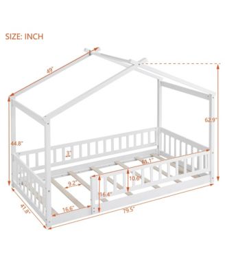 Twin Size Wood House Bed Roof Fence Pine Wood Frame 7 Slats Kids Bedroom