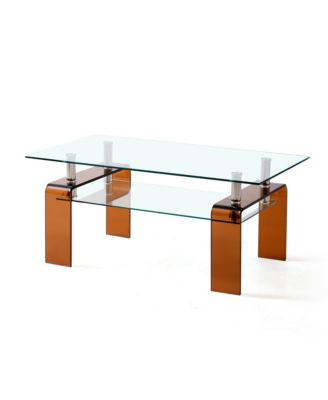 Rectangle 2-Tier Glass Coffee Table, Modern Small Center Table with Storage and Metal Legs for Living Room, Home Office