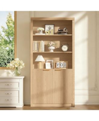 Tall Book Shelf and Bookcase, with Drawer and Doors, Farmhouse Book Case with Storage, Wood Storage Cabinet with 5 Tier Display