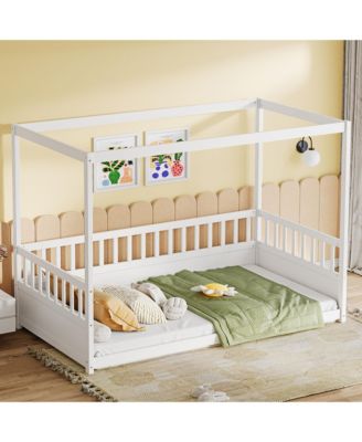 Twin Size Wooden Canopy Floor Bed With Guardrails Four Poster Design For Kids