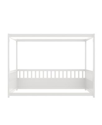 Twin Size Wooden Canopy Floor Bed With Guardrails Four Poster Design For Kids